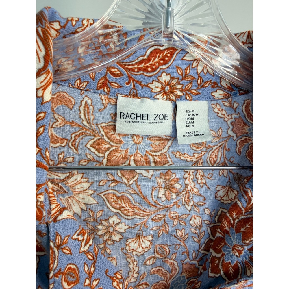 Rachel Zoe Womens Blue Orange Floral Linen Blend Short Sleeve Button Up Shirt M - Picture 4 of 7